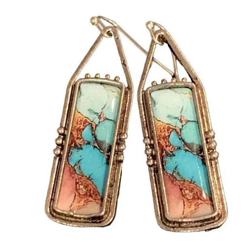 Western Marbled Kingman Style Rectangle Drop Earrings - Turquoise and Brown Colo